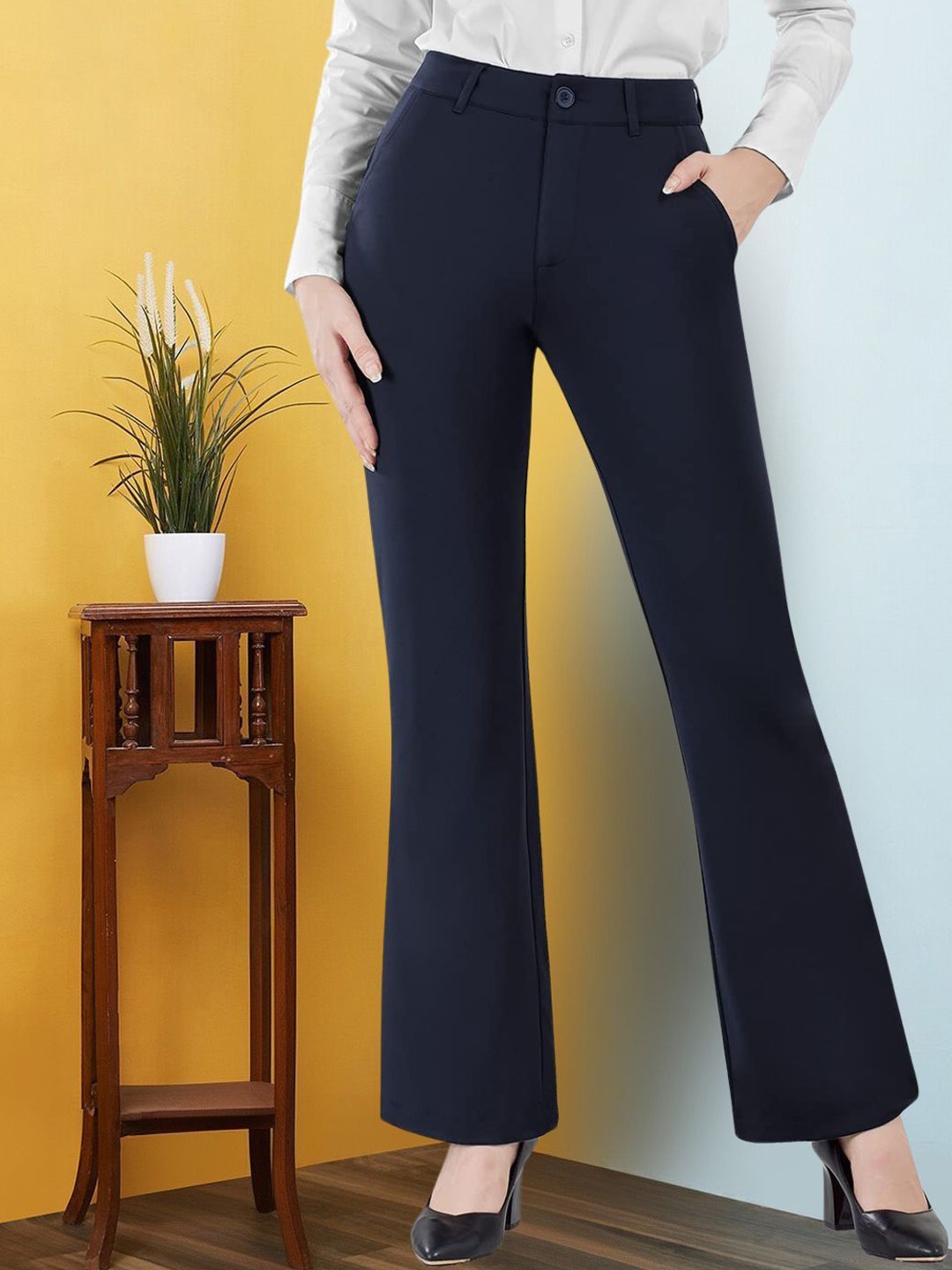 

BAESD Women Relaxed Straight Leg Slim Fit High-Rise Bootcut Formal Office Trousers, Navy blue