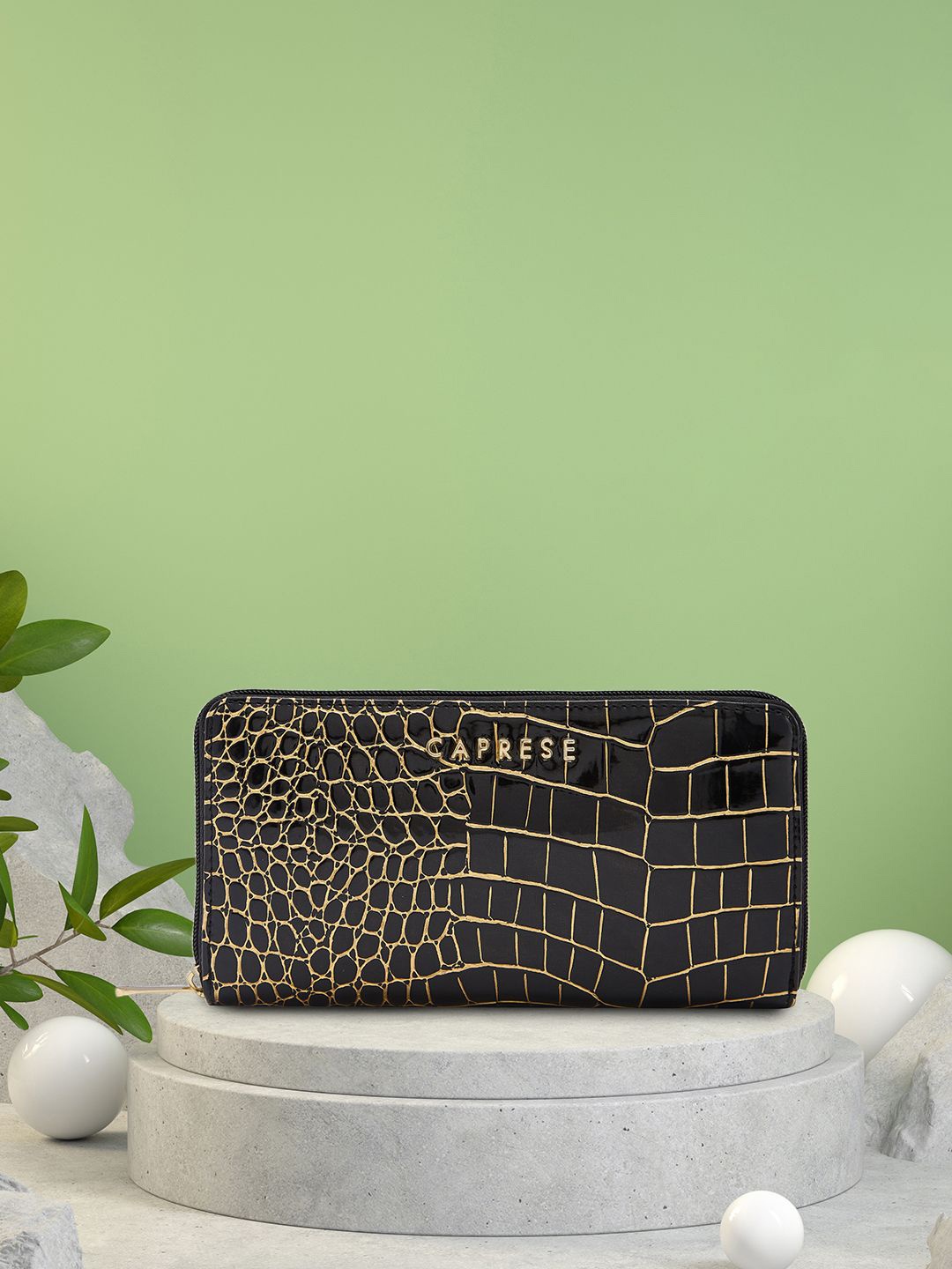 

Caprese Women Animal Printed Zip Around Wallet, Black