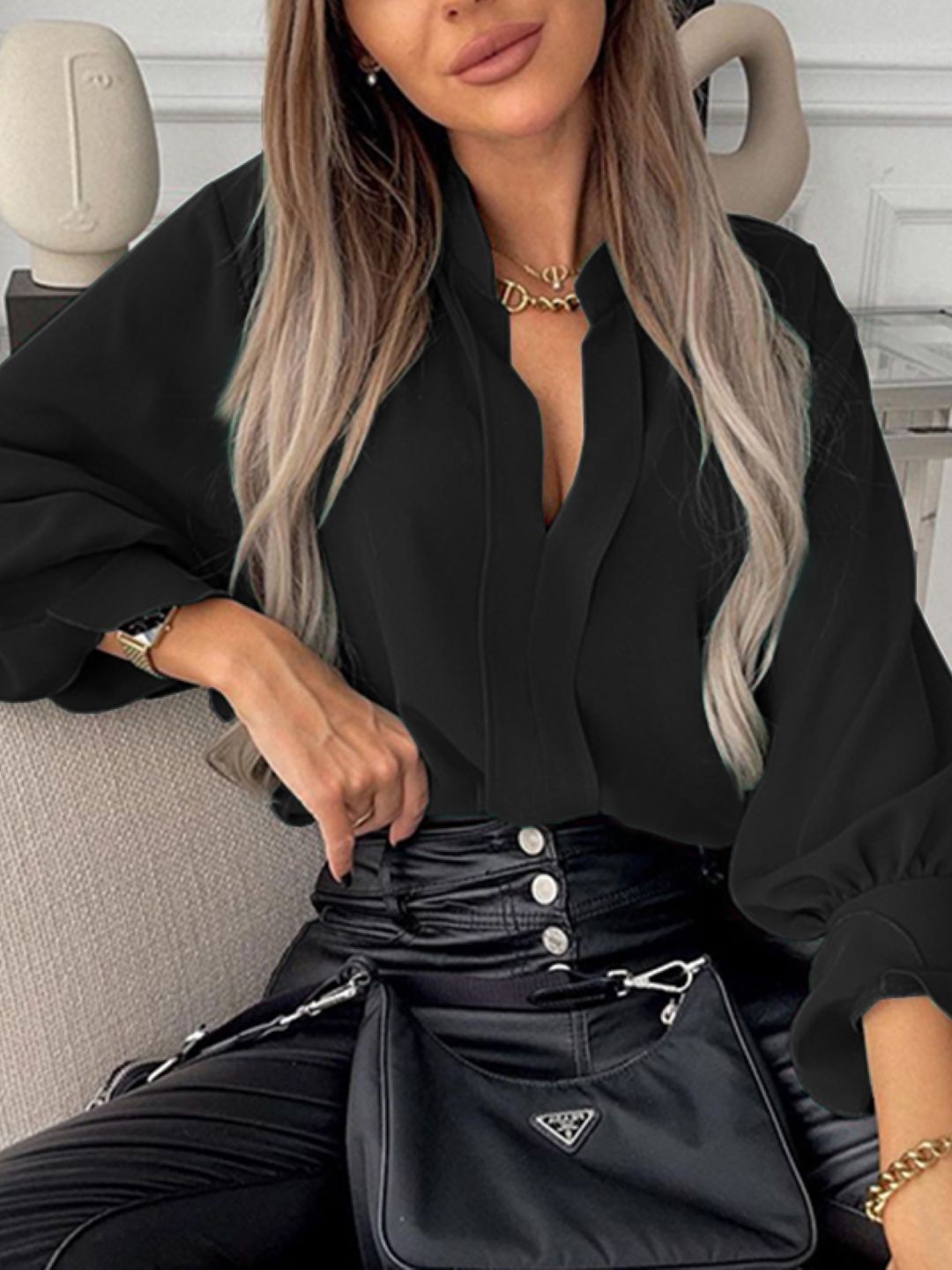 

StyleCast Women Solid Mandarin Collar Top, Black