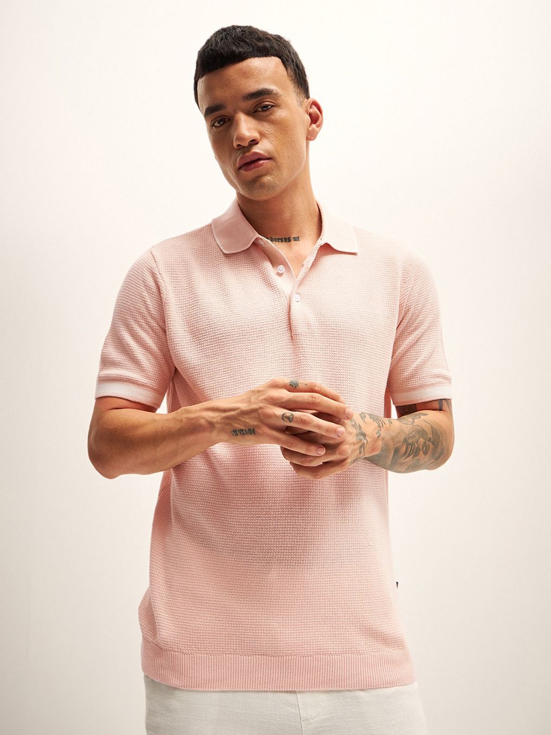 

THE BEAR HOUSE Self Design Polo Collar T-Shirt, Peach