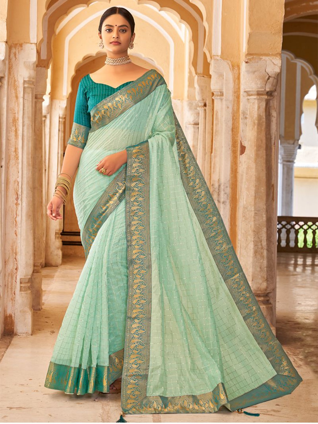 

ASISA Woven Design Checked Zari Saree, Turquoise blue