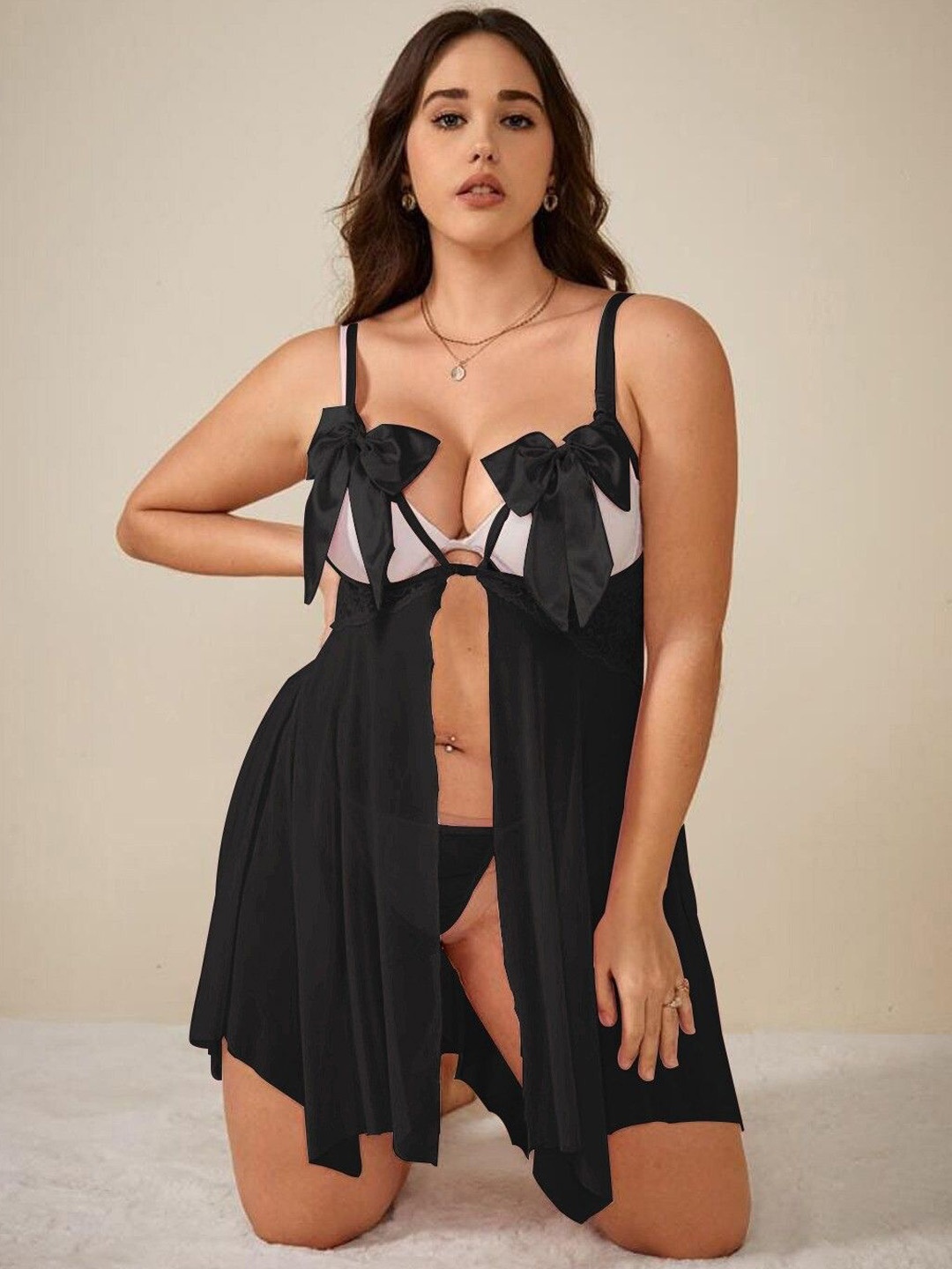 

KRENOZ Shoulder Straps Net Baby Doll, Black