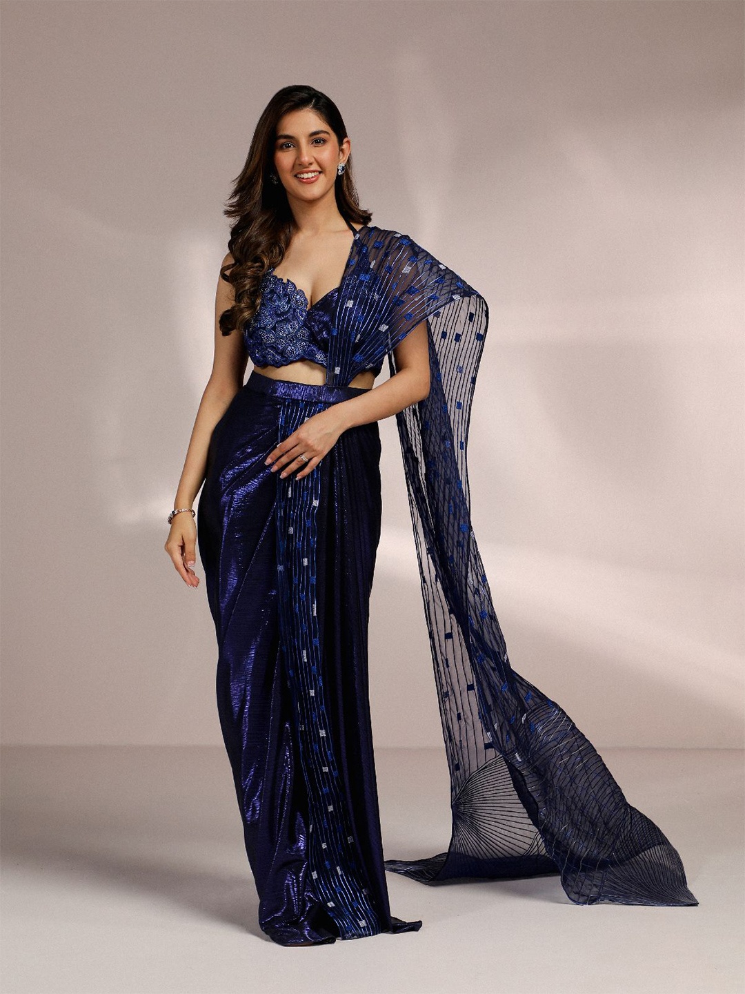 

MONI K LABEL Embroidered Striped Ready to Wear Saree, Blue