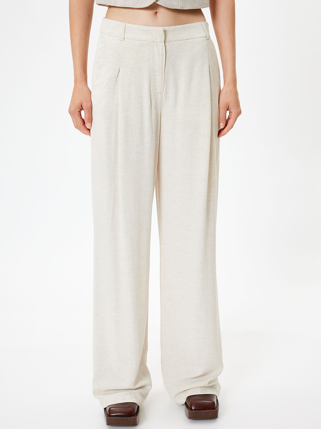 

Koton Women High-Rise Pleated Parallel Trousers, Beige