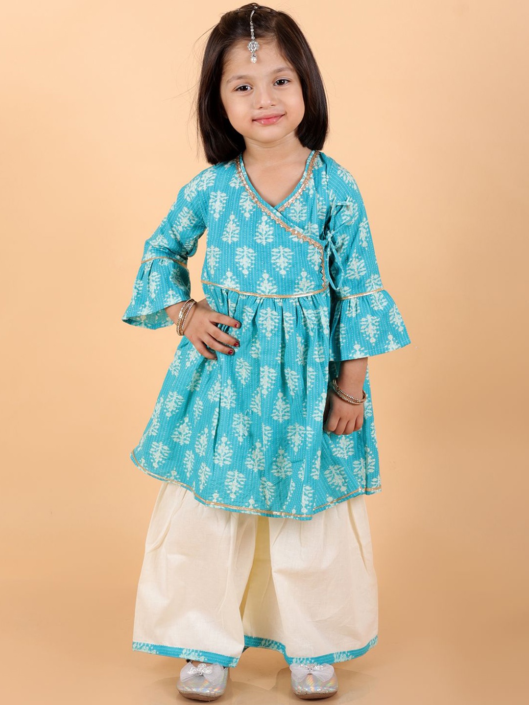 

BAESD Girls Ethnic Motifs Printed Angrakha Gotta Patti Pure Cotton Kurti with Sharara, Blue