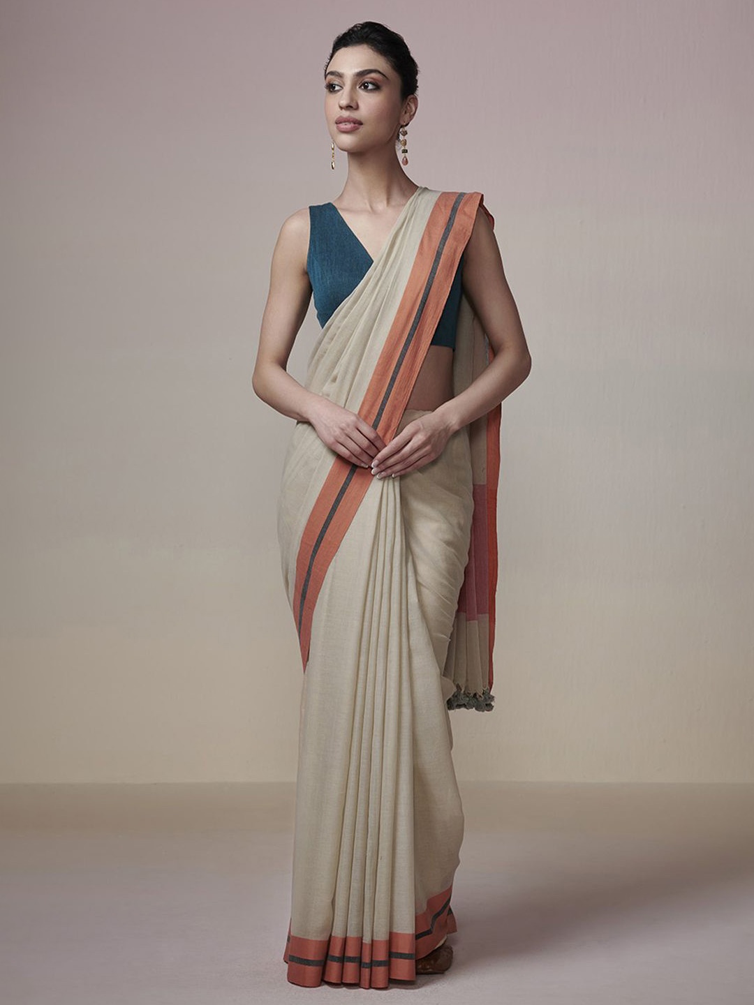 

DRESSFOLK Handloom Cotton Beige with orange Stripe Saree