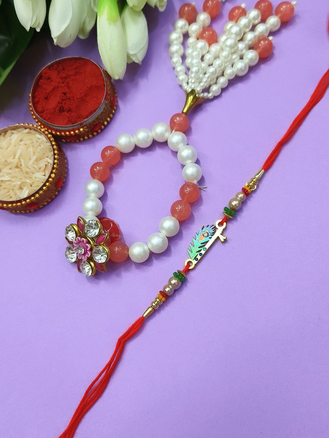 

StileAdda Bhaiya Bhabhi Stones Studded & Beaded Thread Rakhis With Roli Chawal, Red