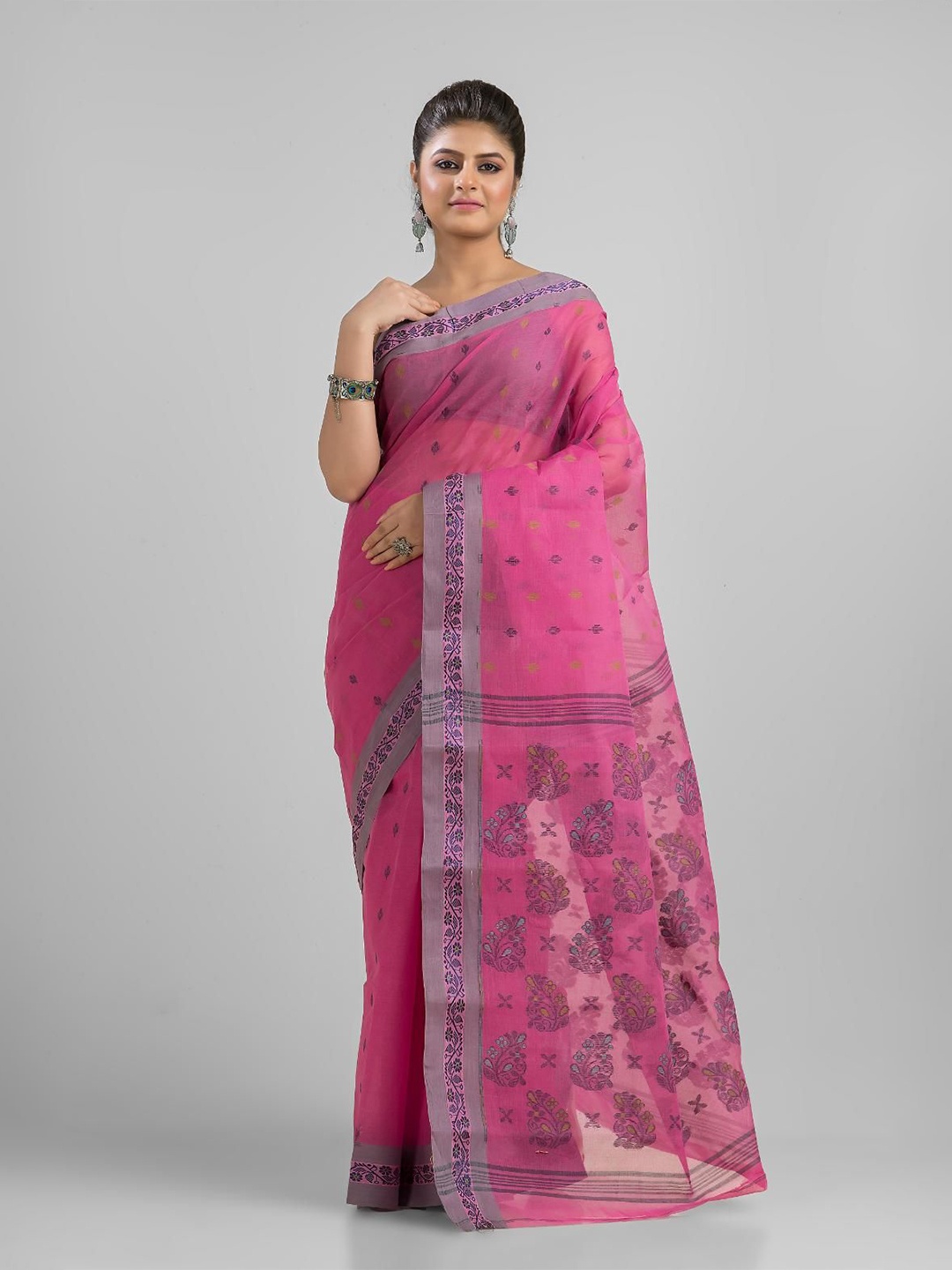 

SAJASAJO Woven Design Ethnic Motifs Pure Cotton Saree, Pink