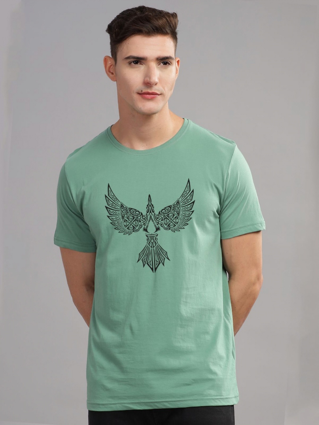 

ADRO Men Printed Raw Edge T-shirt, Sea green