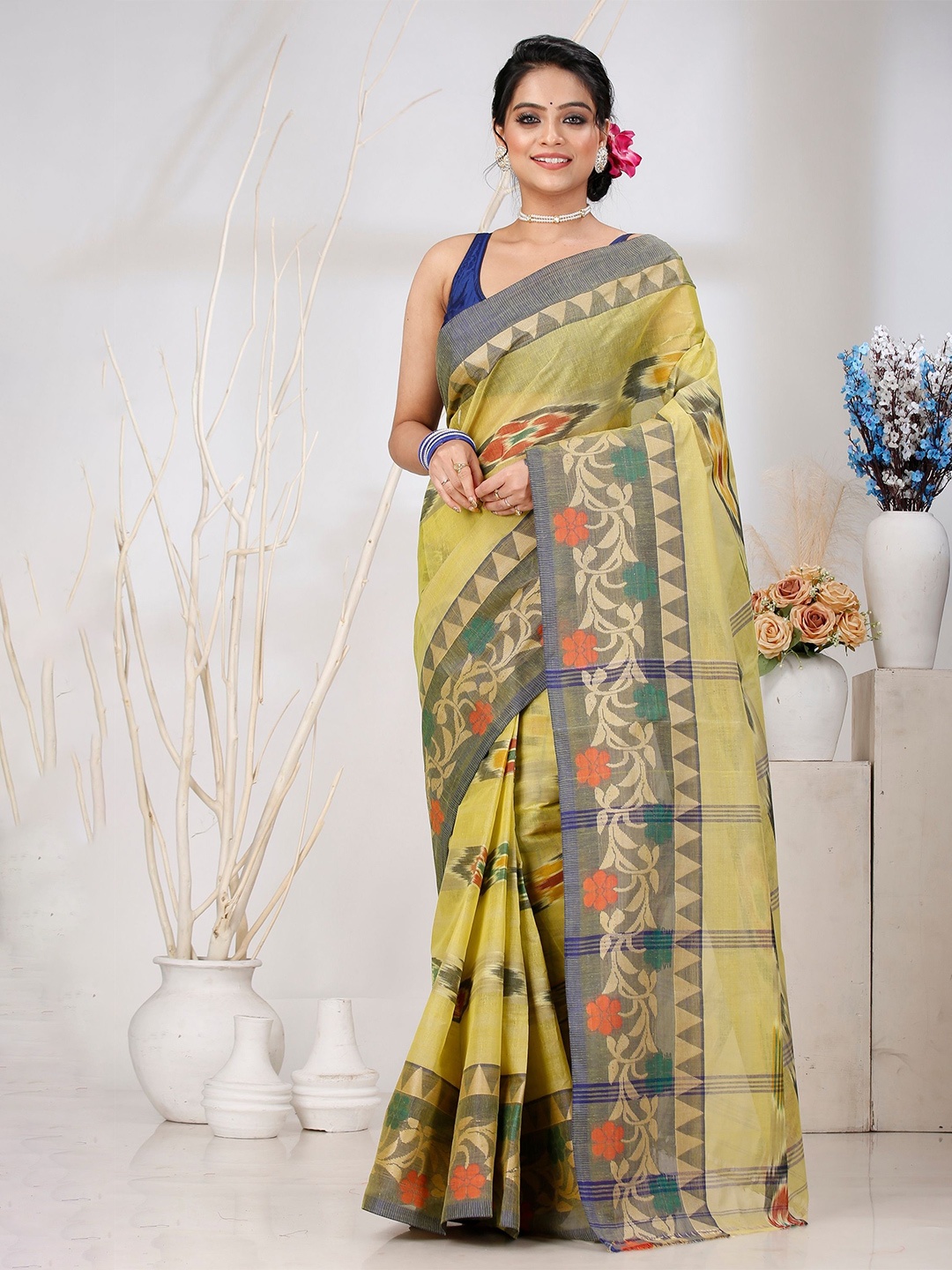 

DipDiya Pure Cotton Taant Saree, Green