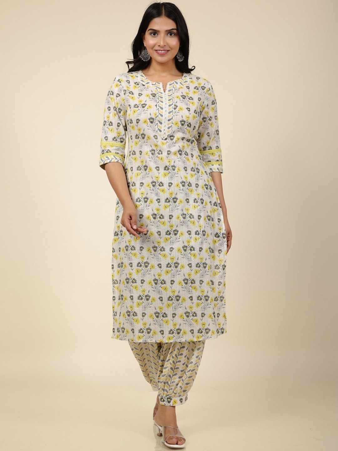 

Aramya Floral Printed Gotta Patti Pure Cotton Straight Kurta With Salwar, Off white