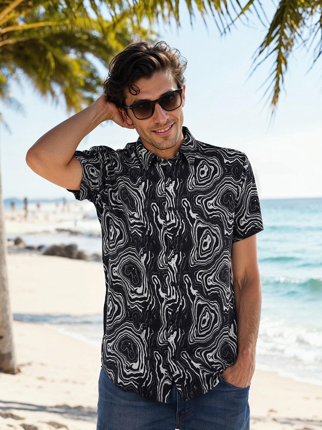 

Celio Men Classic Spread Collar Abstract Printed Casual Shirt, Black