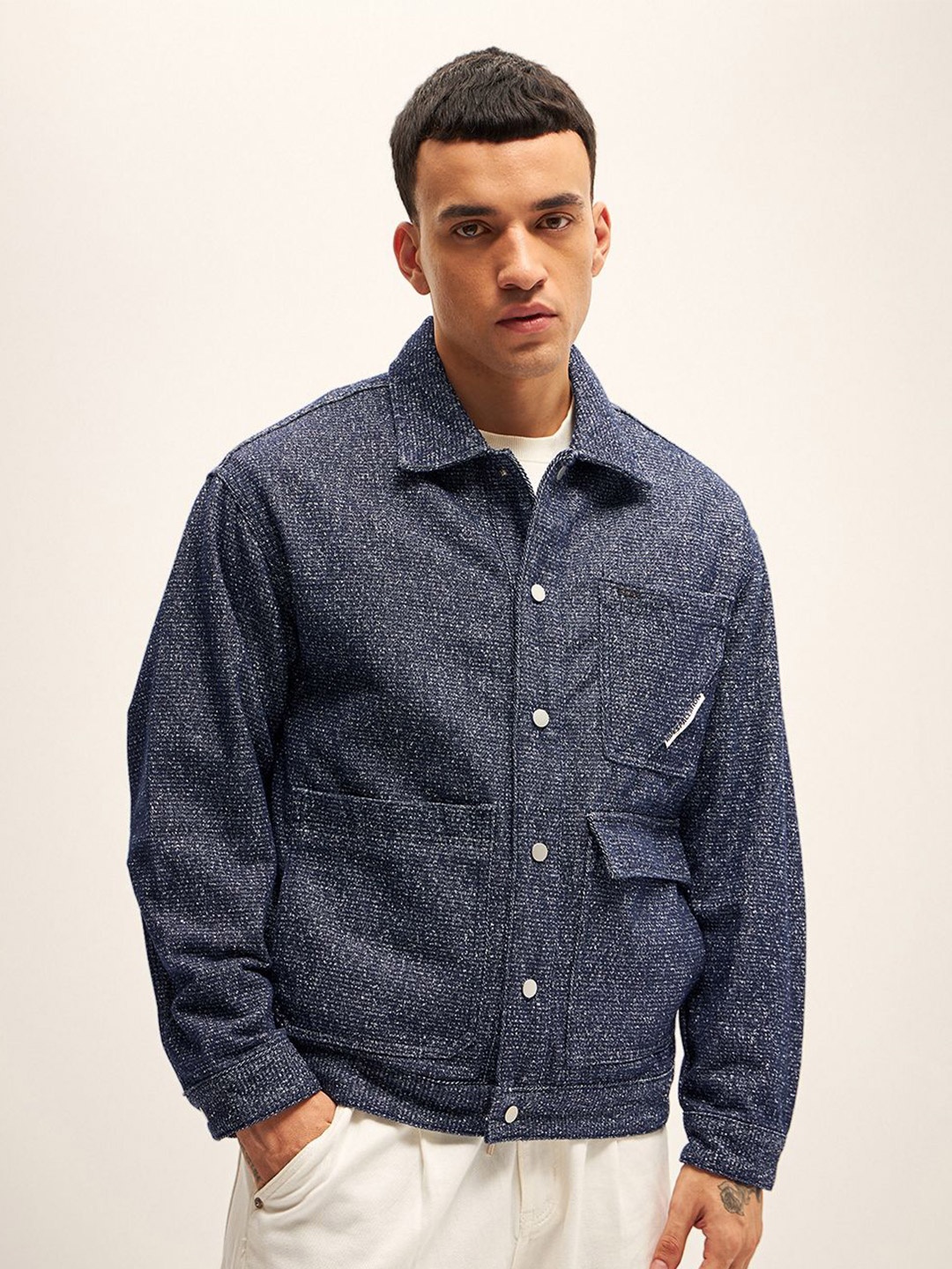 

THE BEAR HOUSE Men Abstract Printed Denim Jacket, Blue