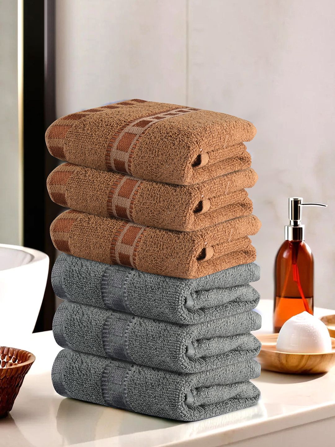 

Kuber Industries Brown & Grey 6 Pieces Anti Bacterial 225 GSM Cotton Face Towels