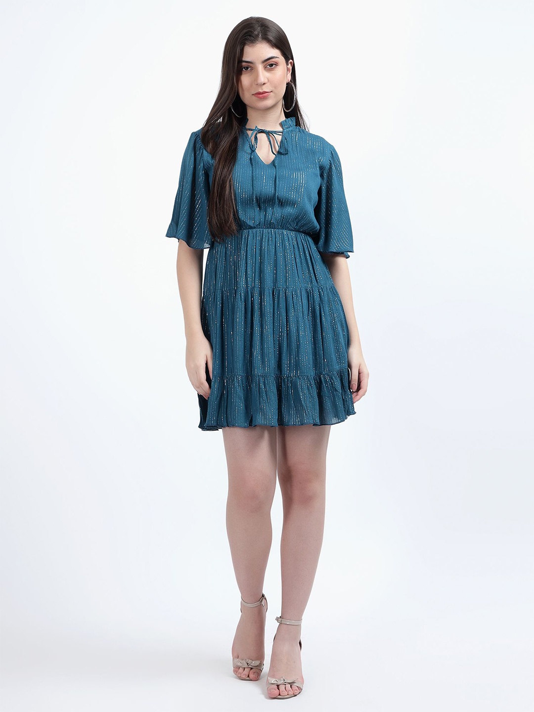 

DRAPE AND DAZZLE Tie-Up Neck Flared Sleeve Fit & Flare Dress, Teal