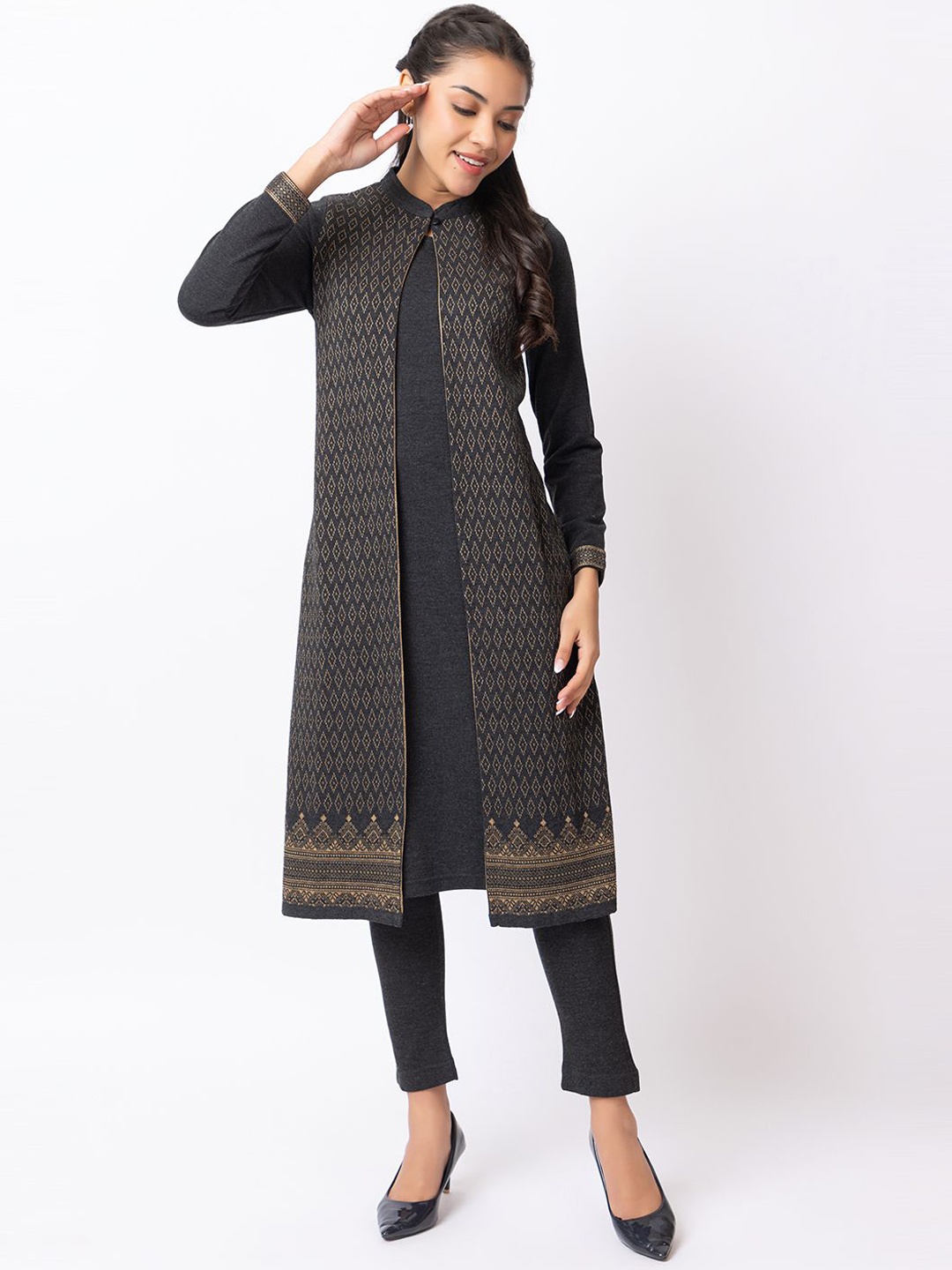 

Anouk Charcoal Geometric Printed Jacquard Straight Winter Wear Kurta With Trouser