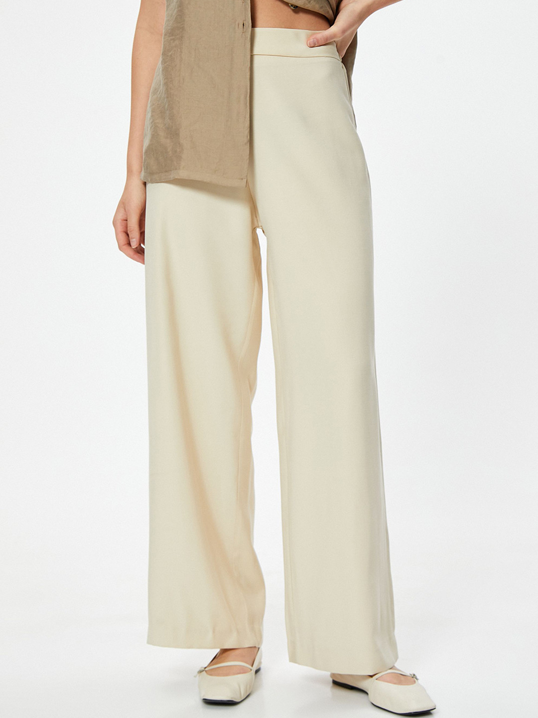 

Koton Women Regular Fit High-Rise Flat-Front Trousers, Beige