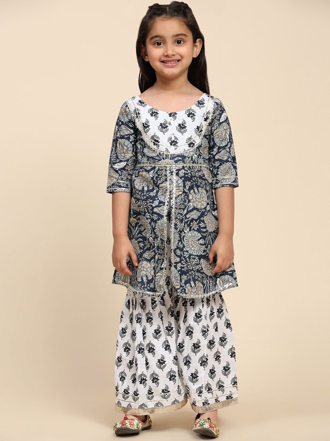 

SHIJILA Girls Floral Printed A Line Kurta with Sharara, White