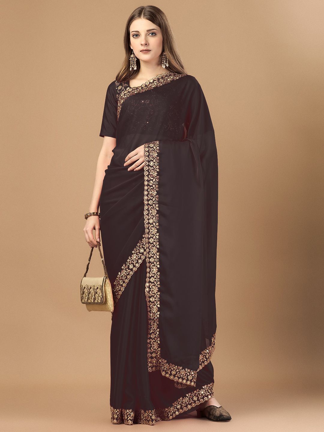 

VAIRAGEE Embroidered Ready to Wear Saree, Black