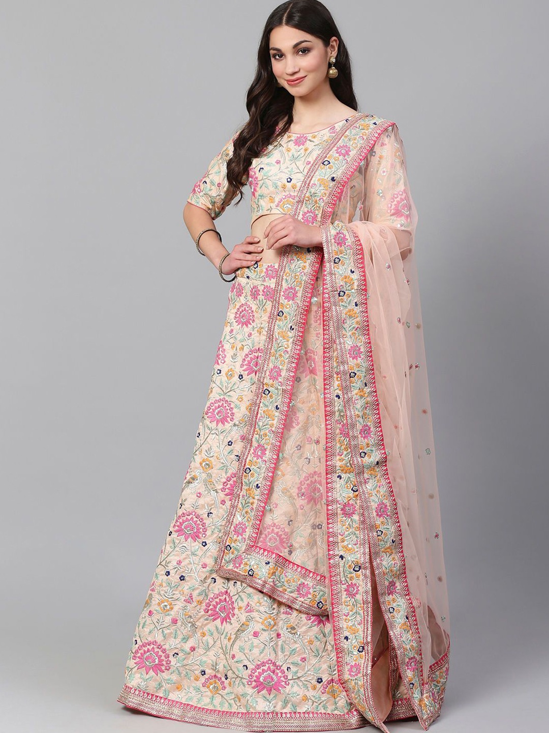 

FABPIXEL Embroidered Sequinned Semi-Stitched Lehenga & Unstitched Blouse With Dupatta, Peach