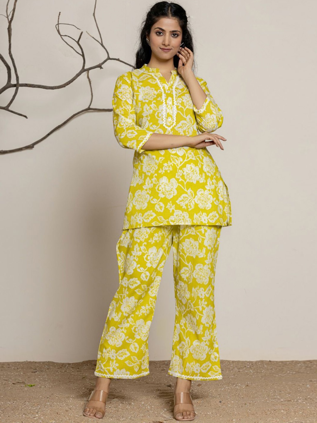 

VEDANA Floral Printed Pure Cotton Tunic & Trousers, Green
