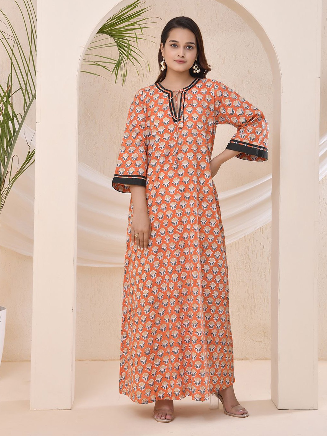 

THE SAFFRON SAGA Floral Printed Tie-Up Neck Pure Cotton Maxi Dress, Orange