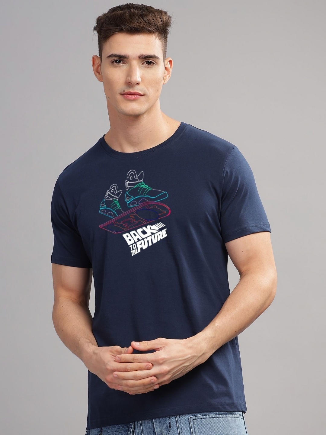 

ADRO Men Typography Printed Applique T-shirt, Navy blue