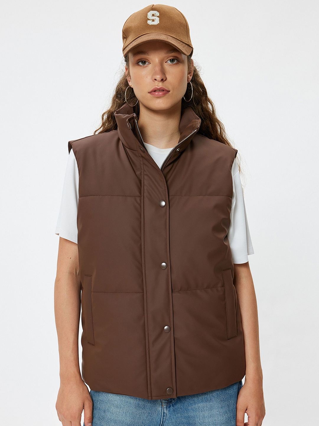 

Koton Mock Collar Sleeveless Jacket, Brown