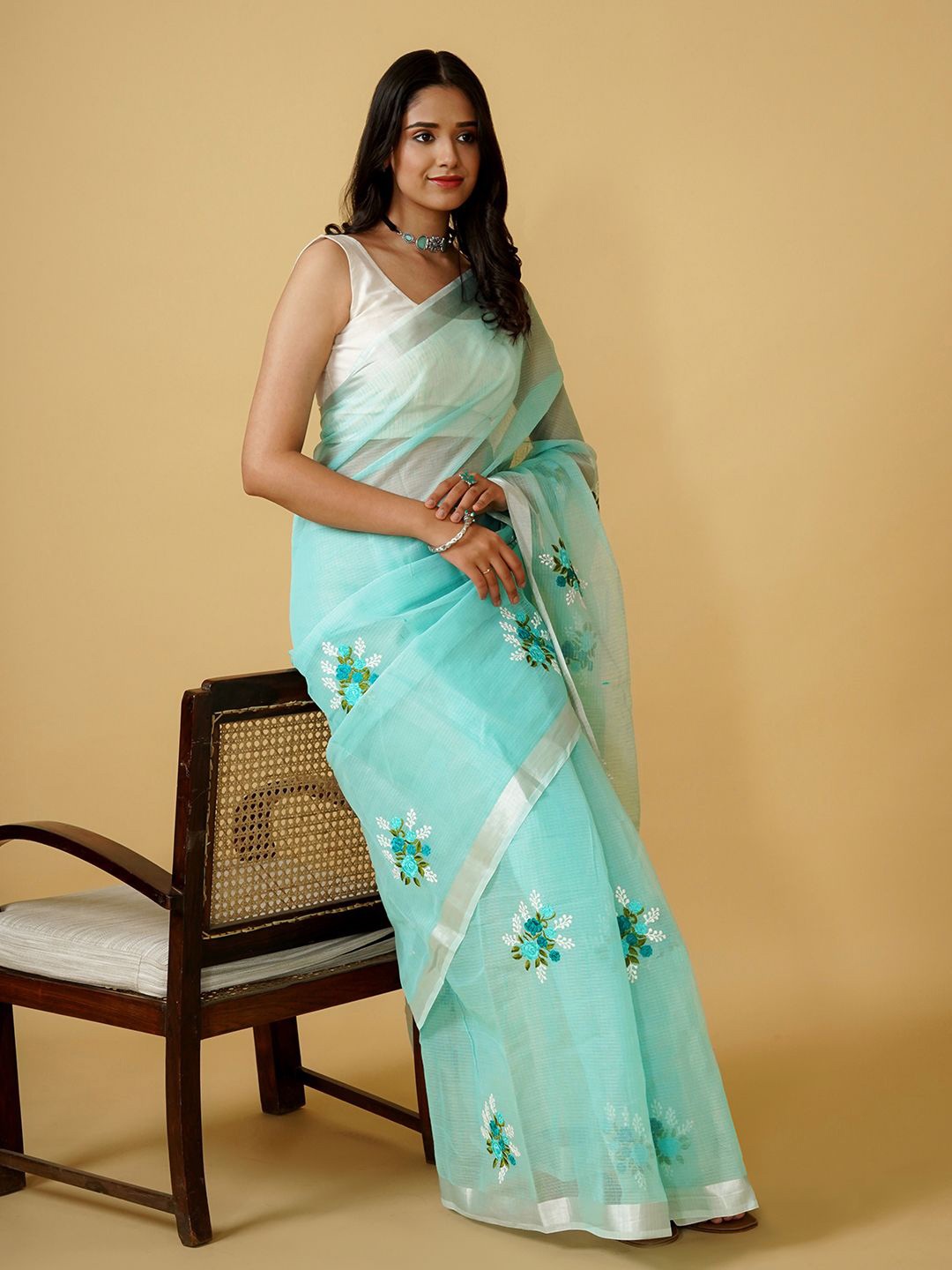 

TEEJH Floral Embroidered Supernet Kota Saree, Turquoise blue