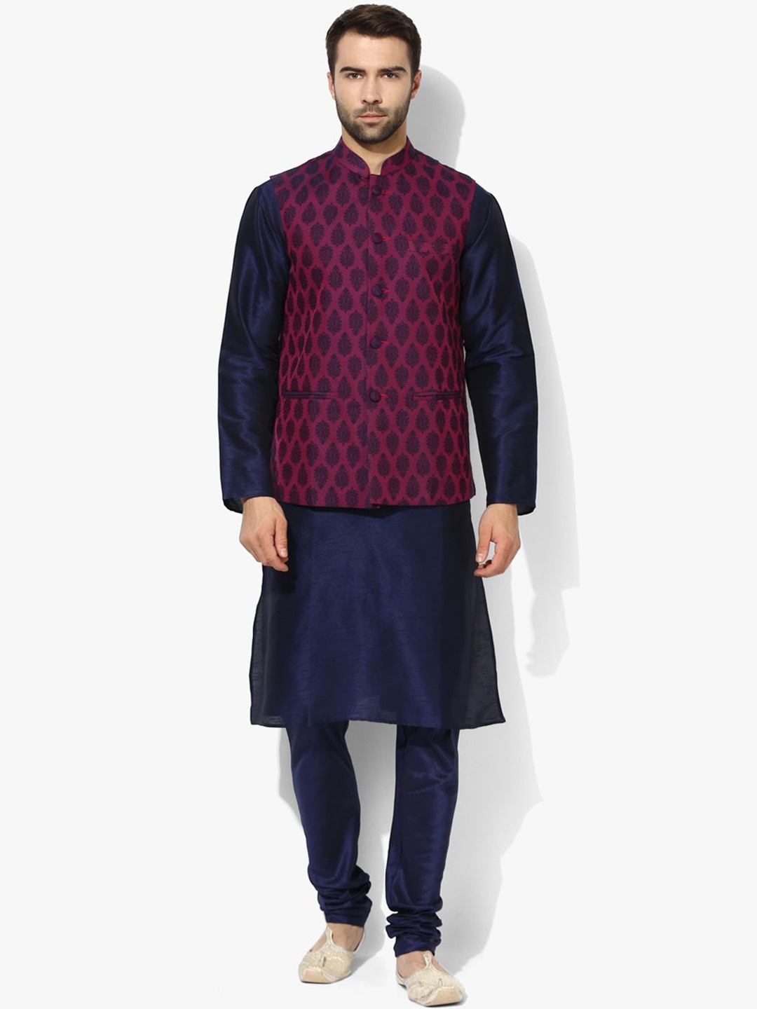 

Anouk Purple Mandarin Collar Straight Kurta with Churidar & Printed Nehru jacket