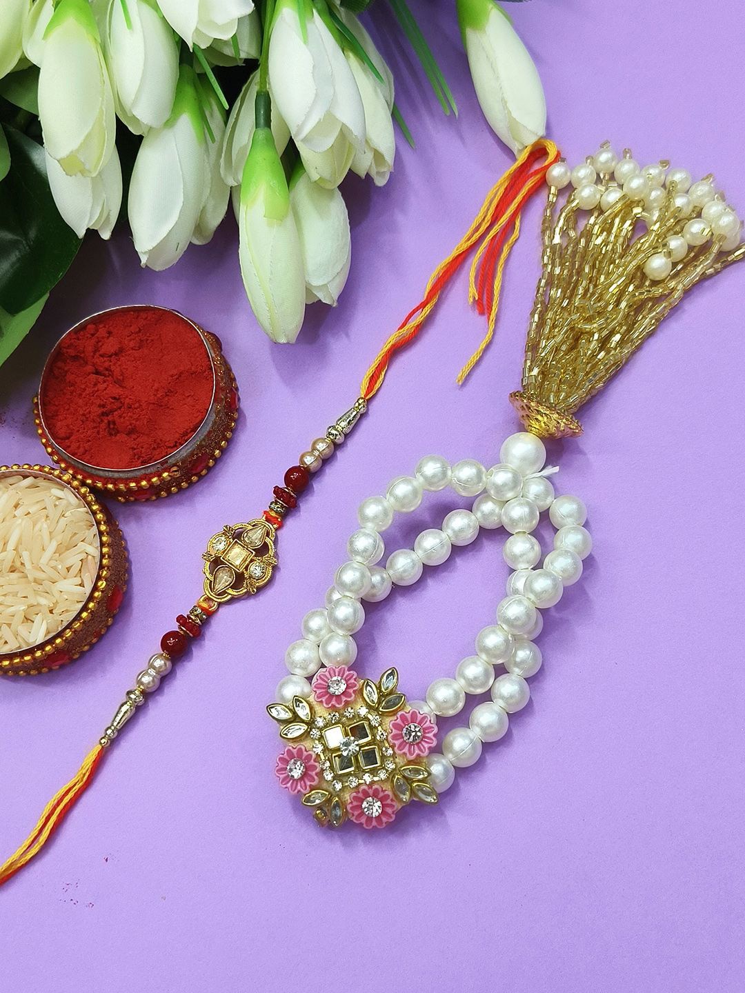 

StileAdda Bhaiya Bhabhi Stones Studded & Beaded Thread Rakhi, Gold