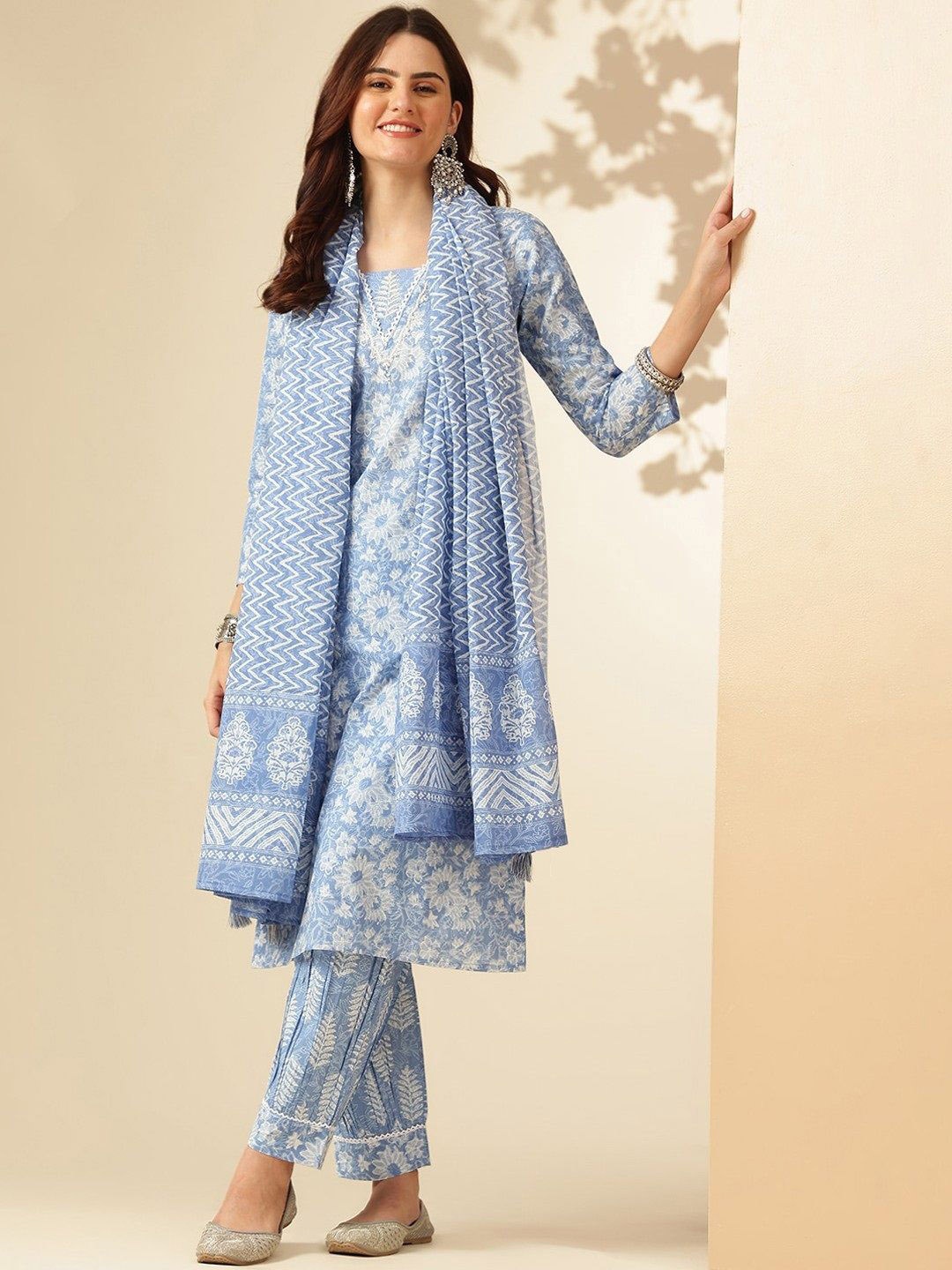 

KALINI Floral Printed Thread Work Straight Kurta With Trousers & Dupatta, Blue