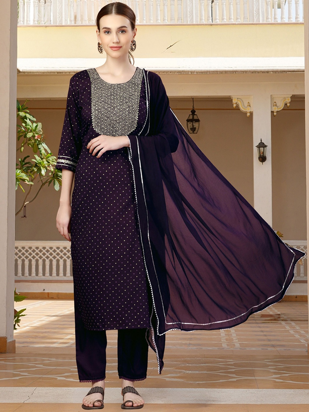 

MAGMINA Printed Sequinned Kurta with Trousers & With Dupatta, Purple