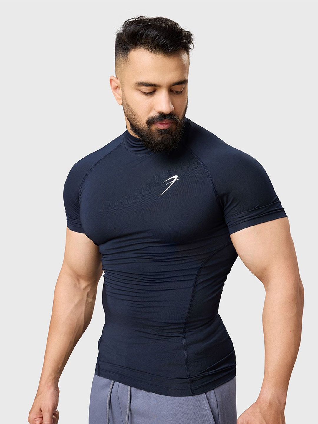 

FUAARK Men Stretchex High Neck Solid Compression T-shirt, Navy blue