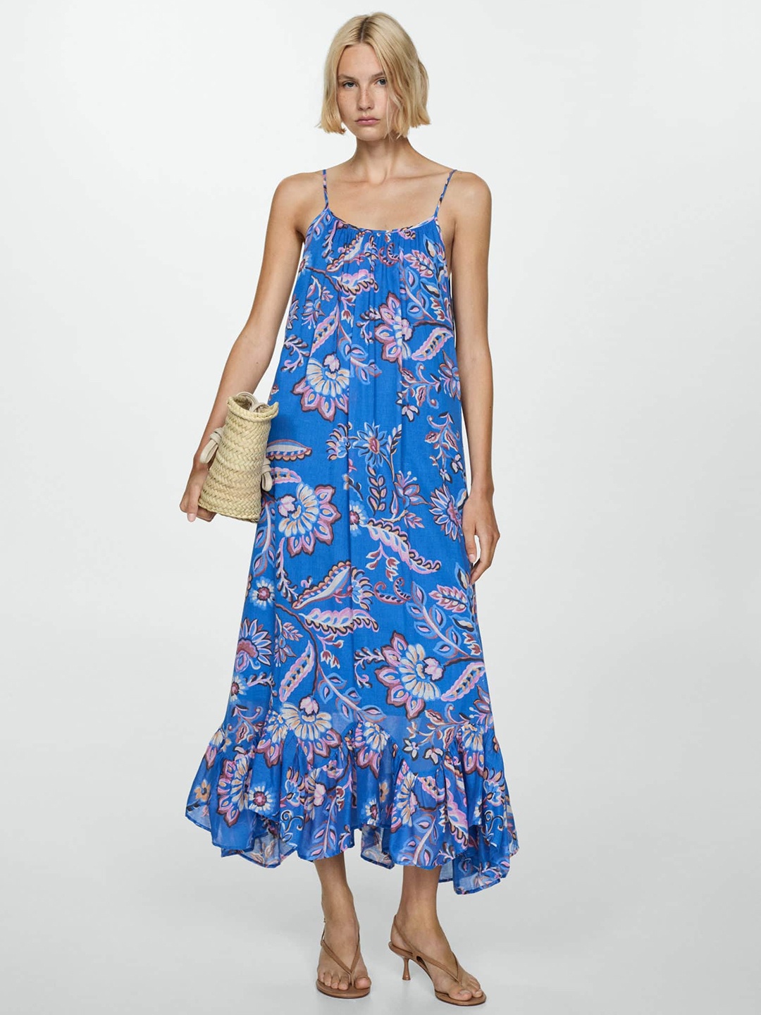 

MANGO Ethnic Motifs Print Pure Cotton A-Line Midi Dress, Blue