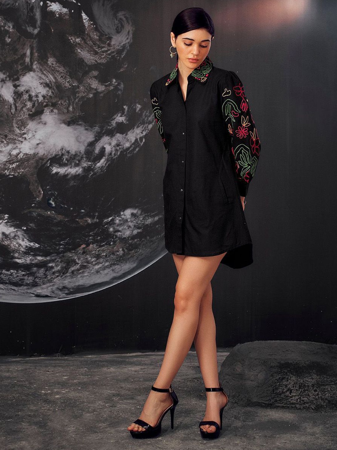 

Kaftanize Embellished Cotton Shirt Dress, Black