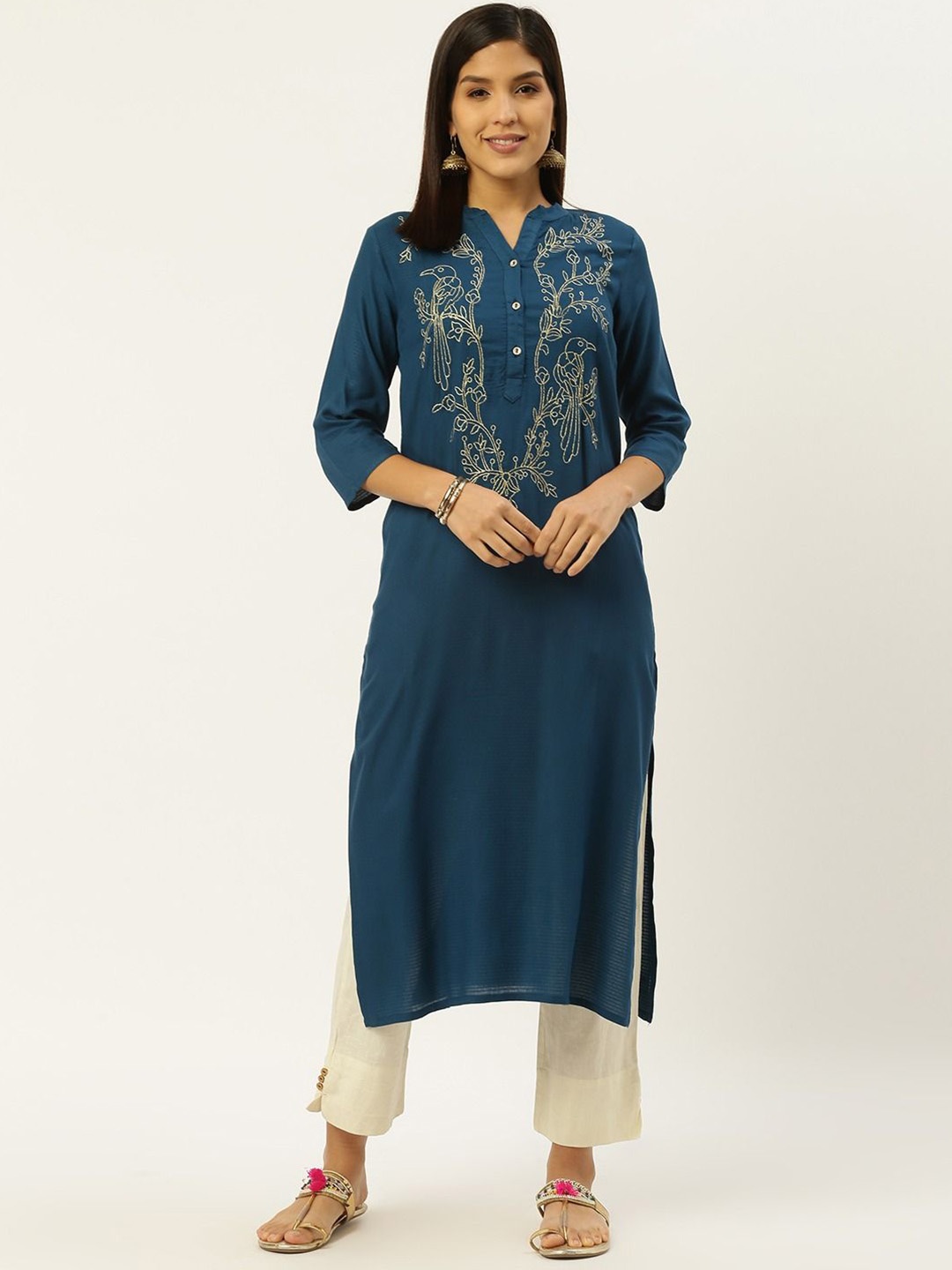 

Anouk Women Yoke Design Flared Sleeves Thread Work Liva Kurta, Blue