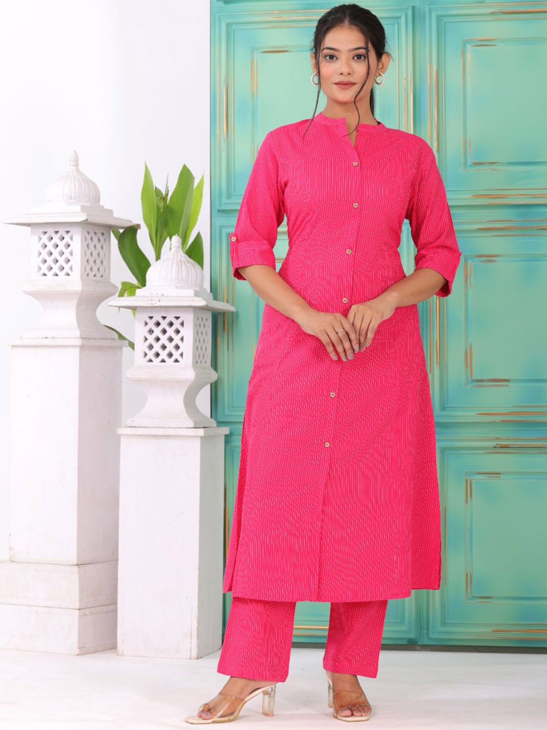 

KALINI Striped Thread Work Mandarin Collar Pure Cotton A-Line Kurta With Trousers, Pink