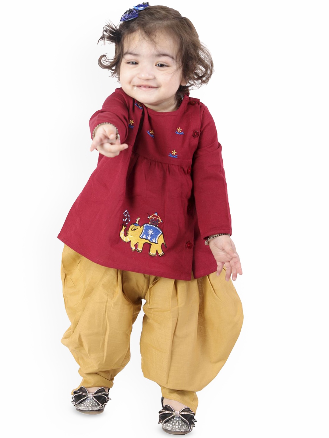 

LITTLE GINNIE Girls Animal Embroidered Thread Work Pure Cotton Kurti with Dhoti Pants, Maroon