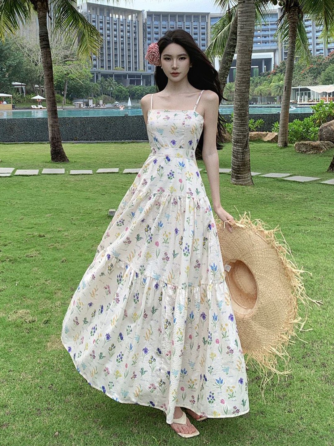 

JC Mode Floral Printed Shoulder Straps Fit and Flare Maxi Dress, White