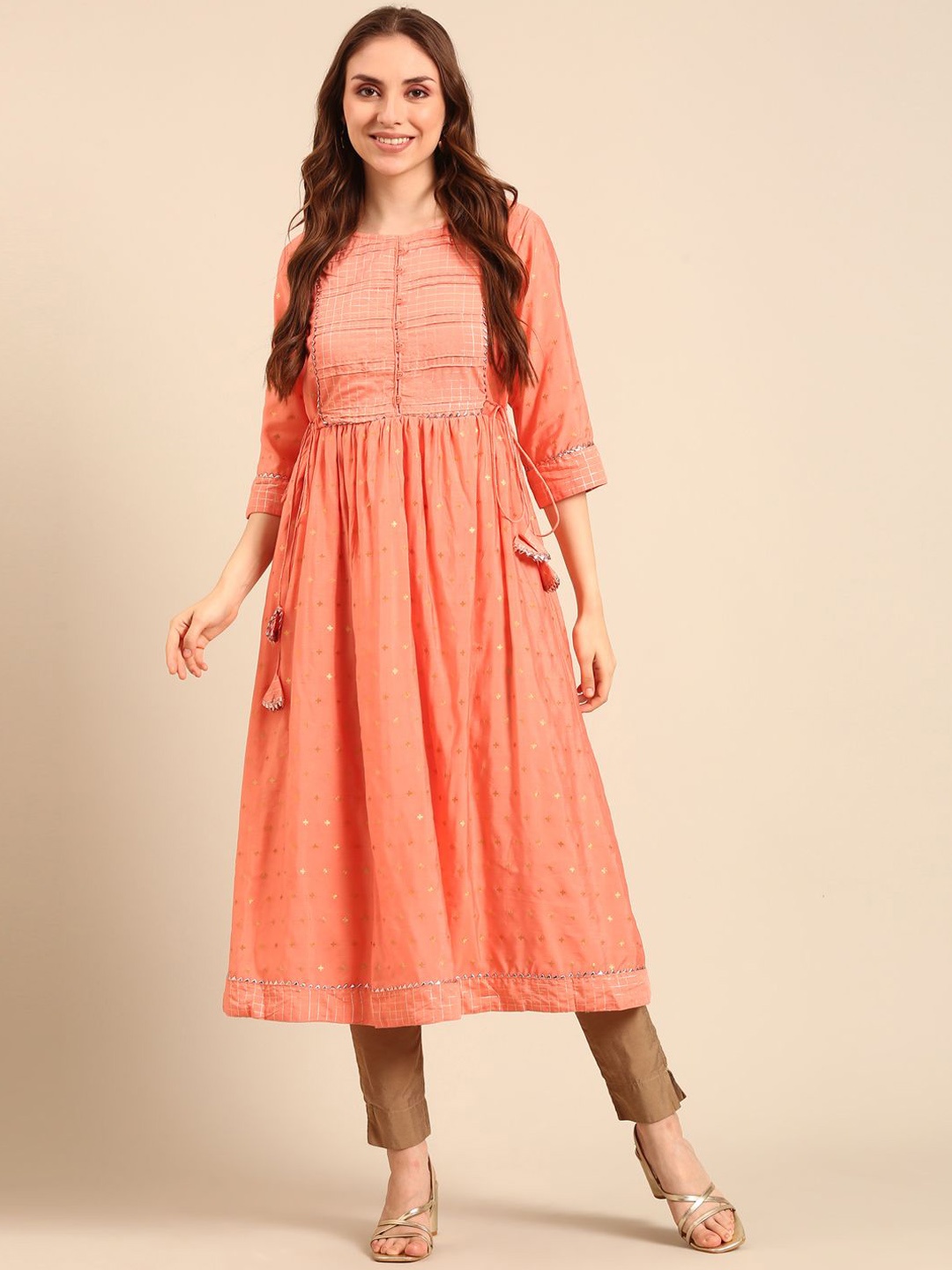 

Anouk Geometric Woven Design Round Neck Panelled Chanderi Silk A-Line Kurta, Pink