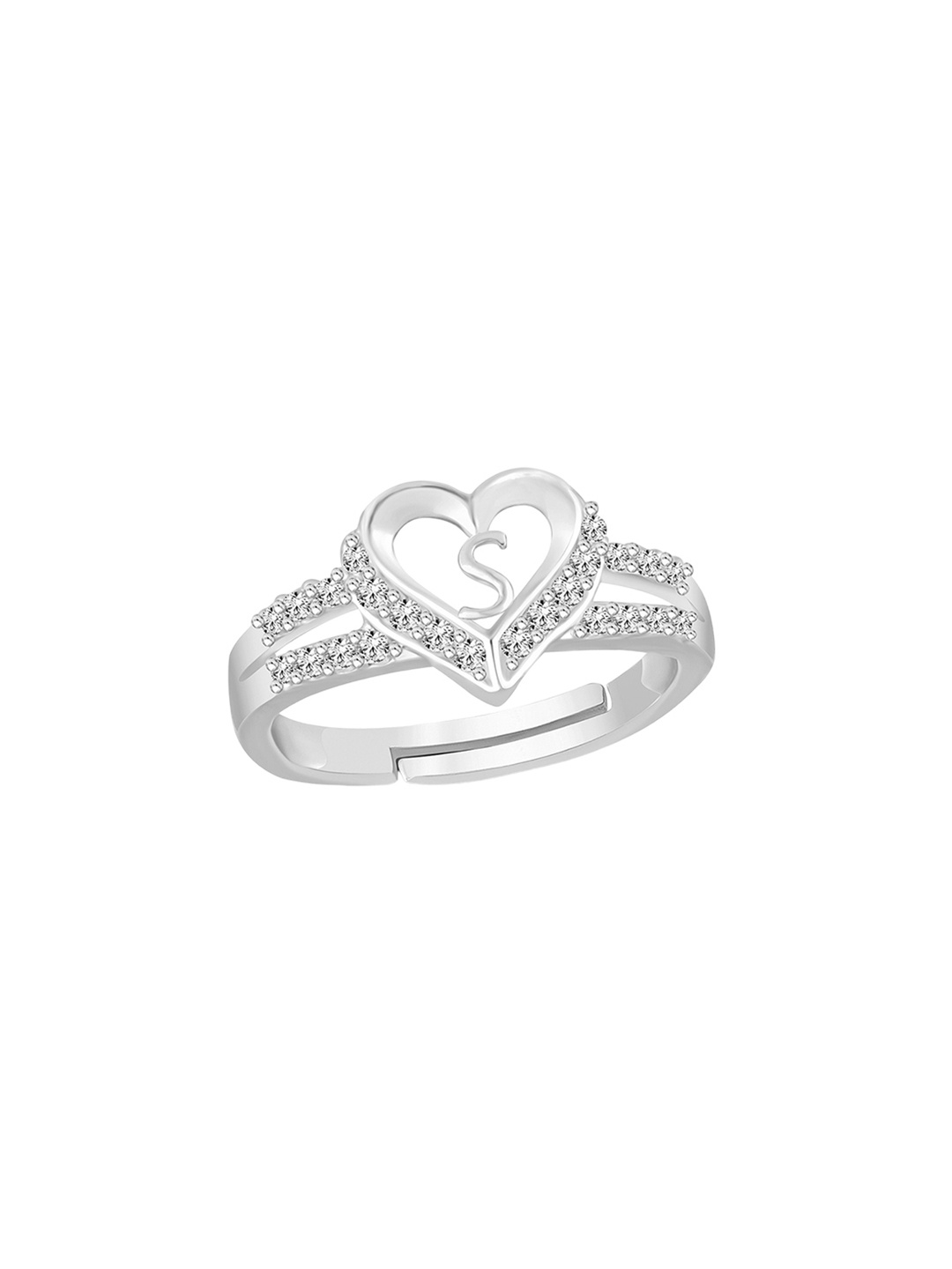 

Lila Silver Plated Cubic Zirconia Studded Heart Shaped Alphabet S Finger Ring