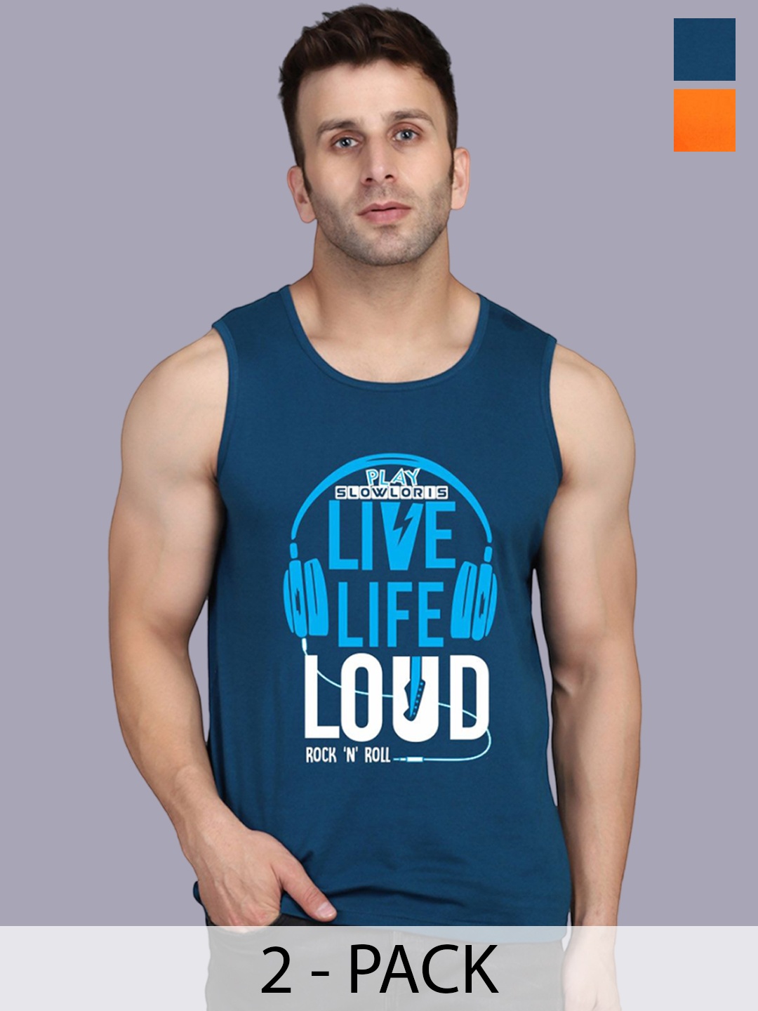 

SLOWLORIS Pack Of 2 Printed Gym Vests SL26 COMBO (LOUD PEACOCK) (NVR ORANGE), Teal