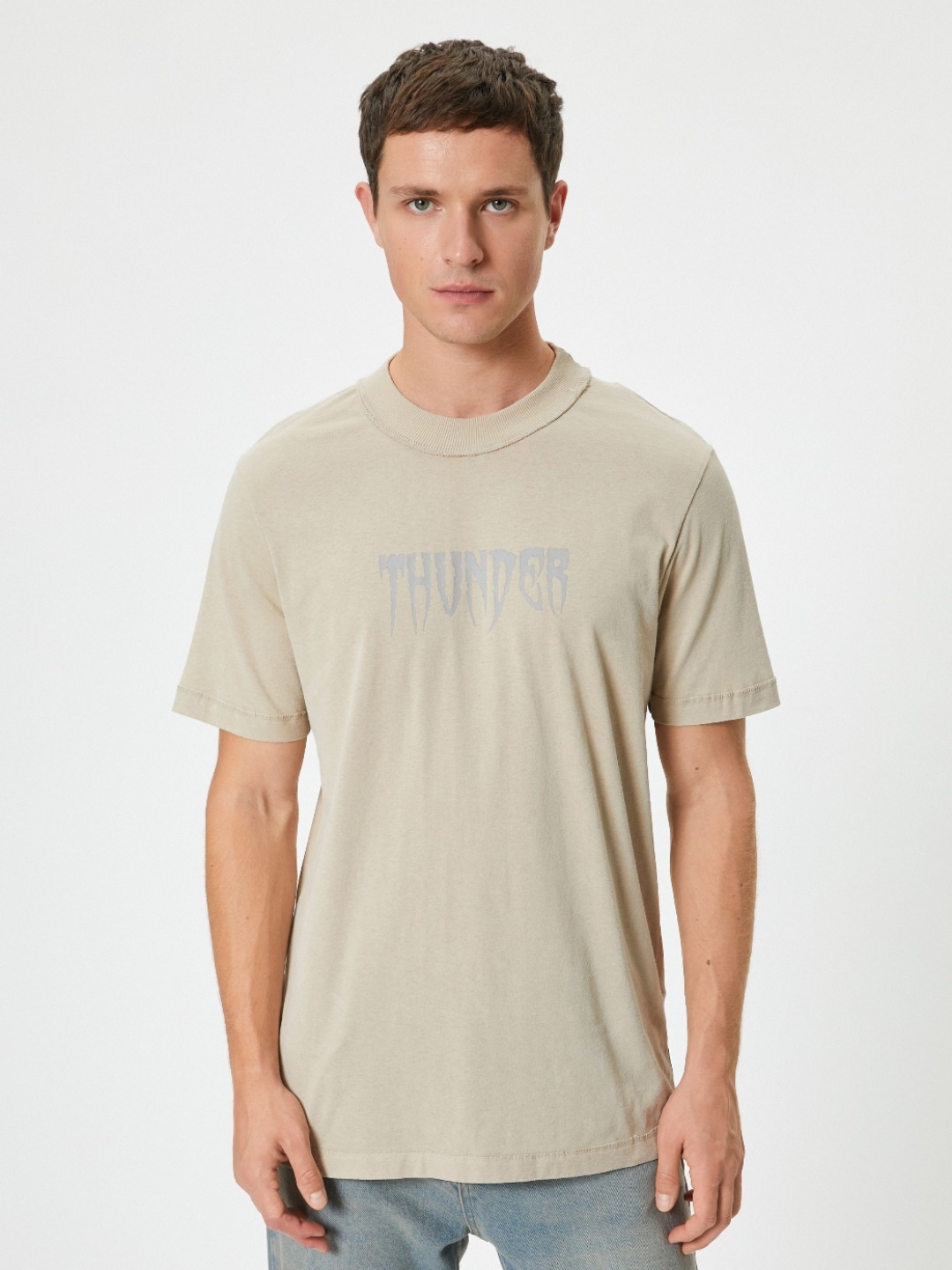 

Koton Men Typography Extended Sleeves Pockets T-shirt, Beige