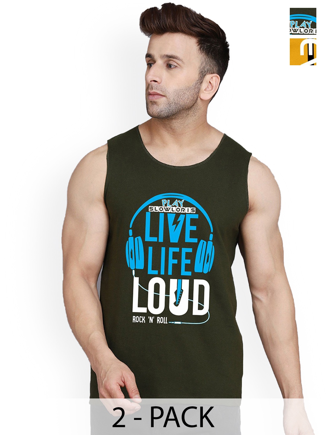 

SLOWLORIS Pack Of 2 Printed Gym Vests SL26, Olive