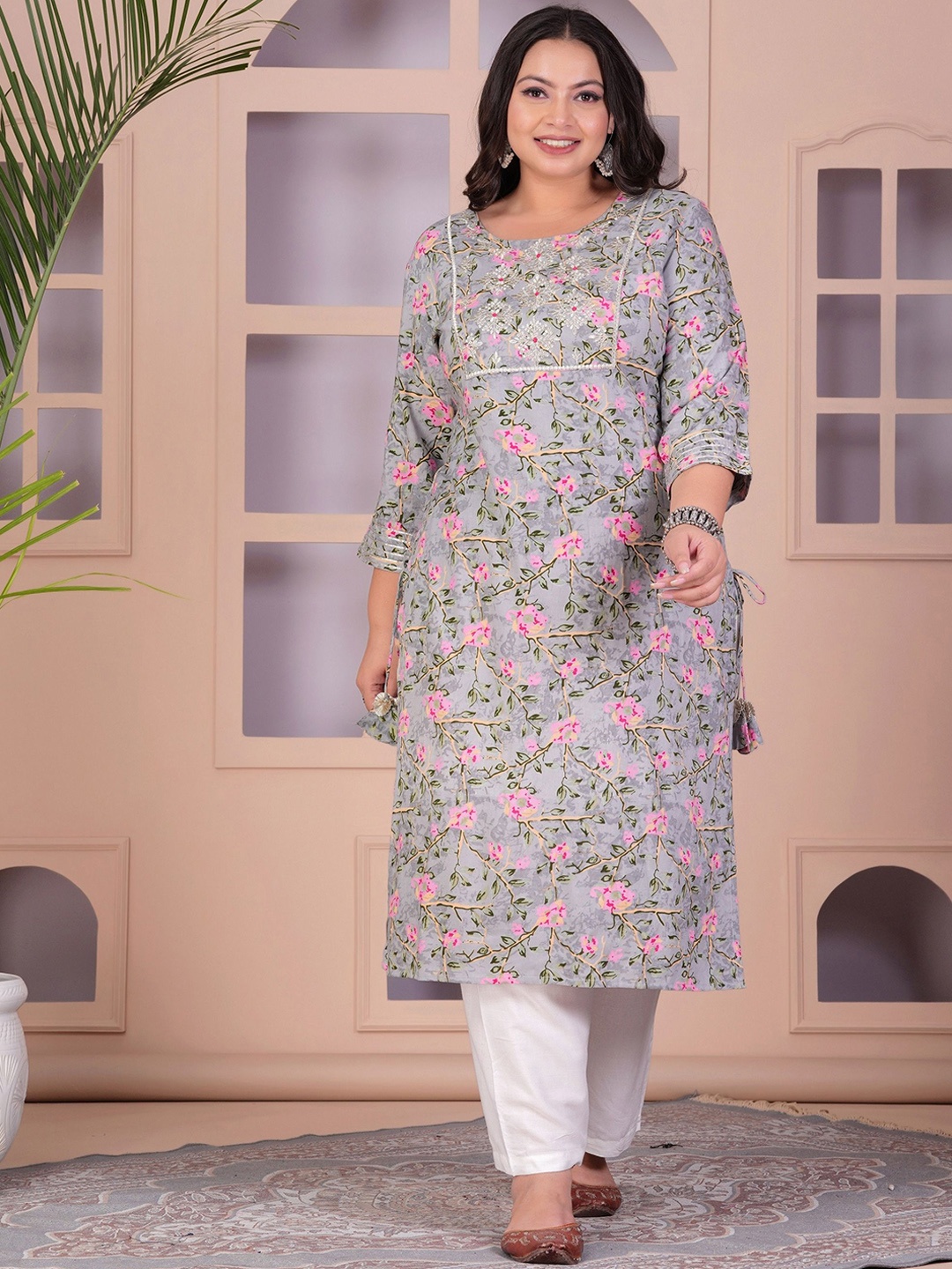 

LABULY Plus Size Floral Printed Gotta Patti Straight Kurta, Grey