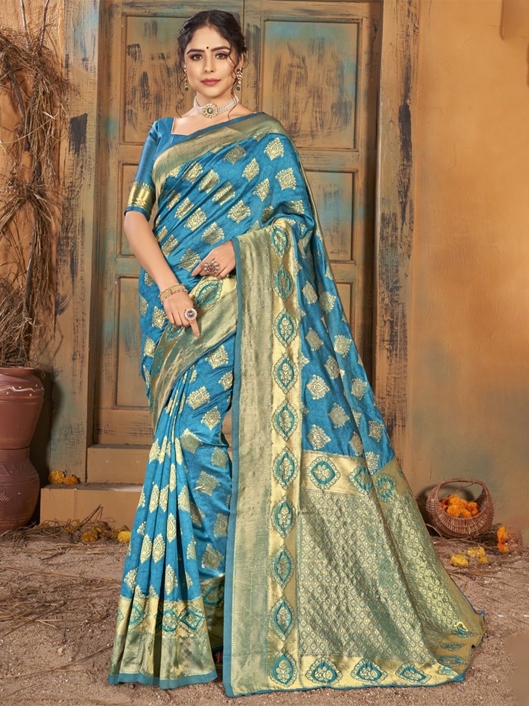 

ASISA Woven Design Zari Saree, Turquoise blue