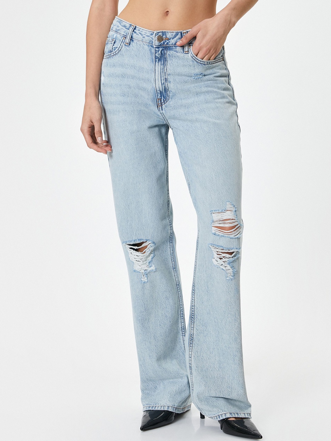 

Koton Women Straight Fit Mid-Rise Slash Knee Cotton Jeans, Blue