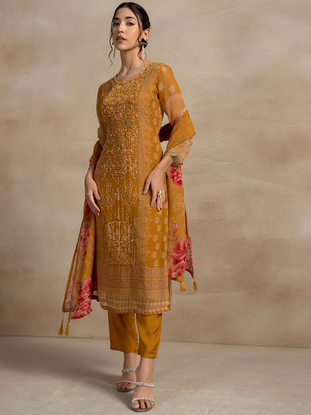 

Rang by Indya Ethnic Motifs Embroidered Sequinned Straight Kurta With Trousers & Dupatta, Yellow