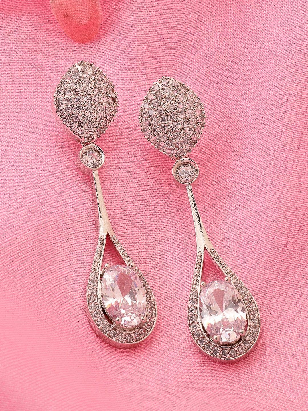 

ADIVA Silver Plated American Diamond Teardrop Shaped Drop Earrings